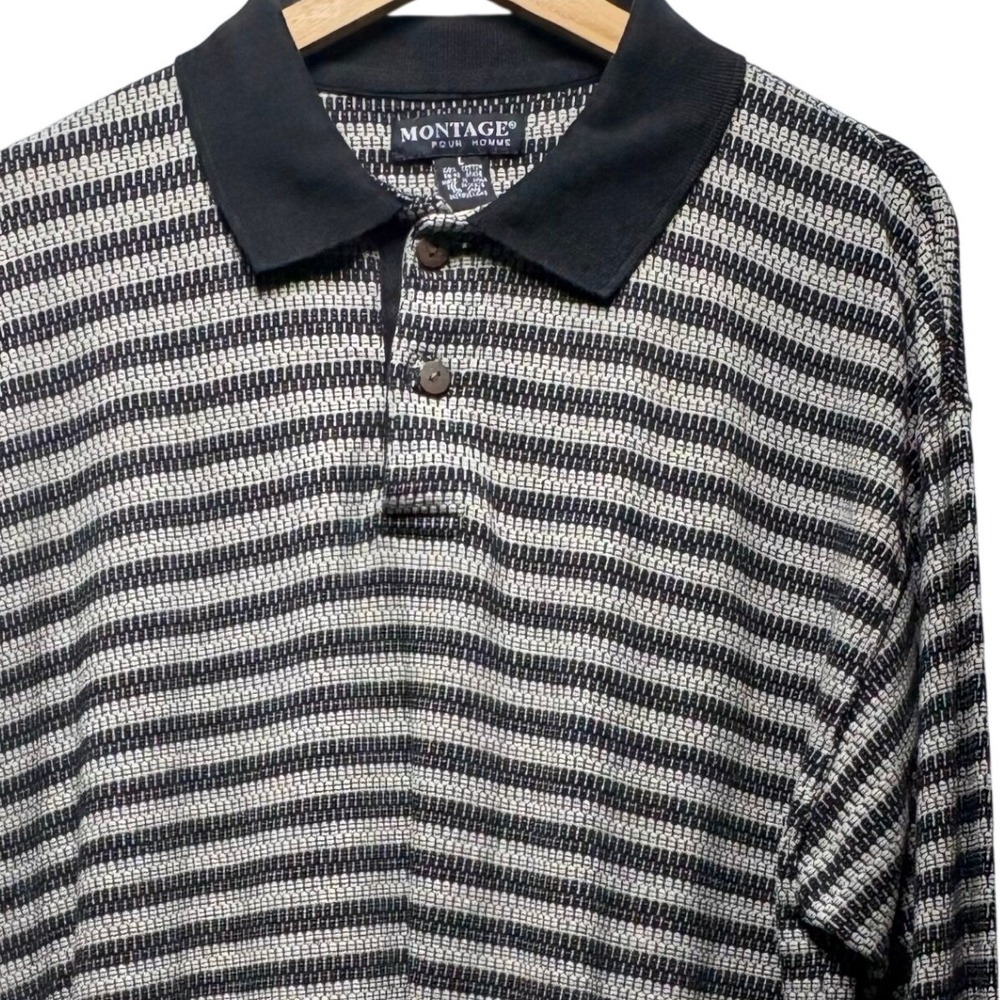 Montage Pour Homme Mens Large Black Grey Striped Long Sleeve Cotton Polo Shirt